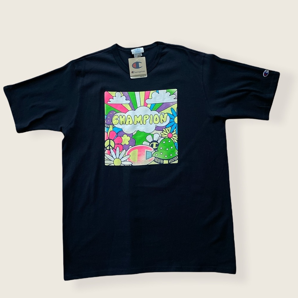 Champion Black Tee with Neon Multi-Color Psychedelic Graphic